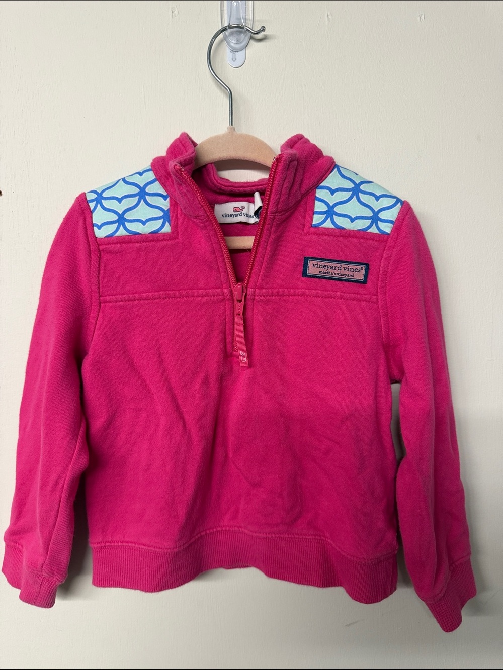 Vineyard Vines Girls' Hot Pink Half-Zip Pullover with Blue Patterned Shoulders